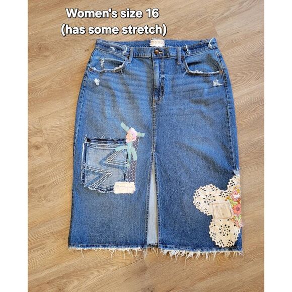 Ooak upcycled patchwork boho Hippie jean skirt size 16 xlg denim - Picture 1 of 12